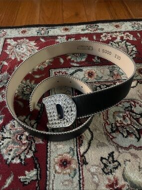 Simons Black Leather Belt with Crystal 'D' Buckle large NEW